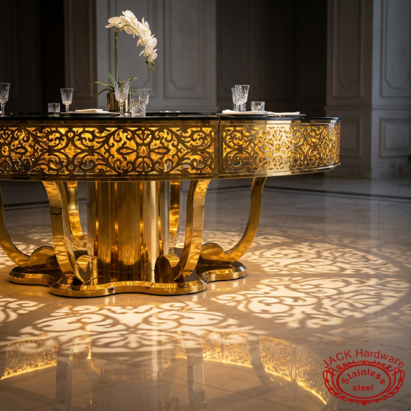 Gold acanthus scrollwork round table side view luxury hotel uplighting intricate carving shadows marble