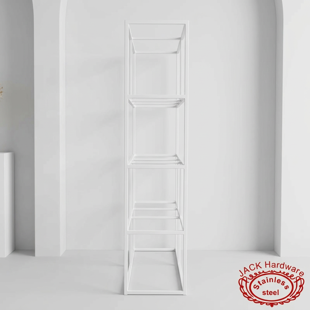 White rectangular display shelf at minimalist modern wedding venue clean white decor