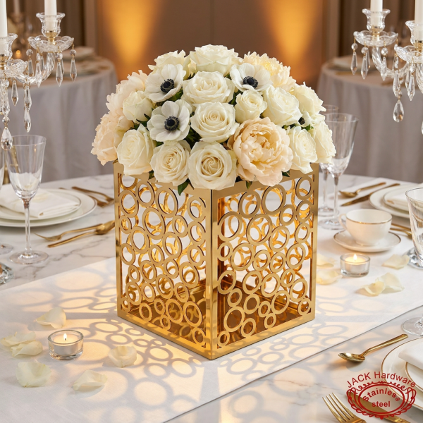 Gold circular cutout box at hotel wedding table decor shadow circles projected warm light 45 degree