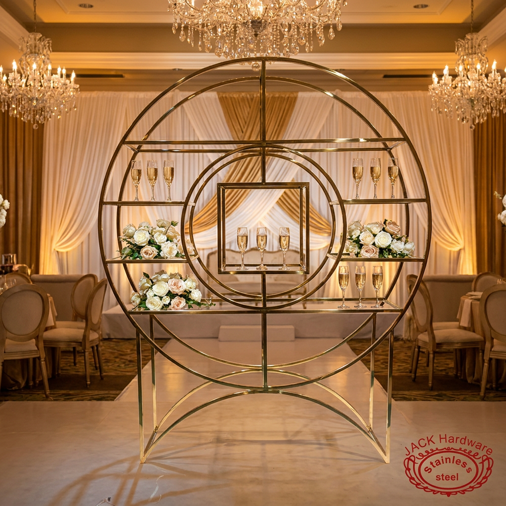 Gold concentric circle rack at luxury wedding reception champagne glasses roses crystal chandeliers golden ballroom