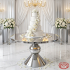 Silver trumpet base ball-node round table with 5-tier wedding cake roses chandeliers silver mirror