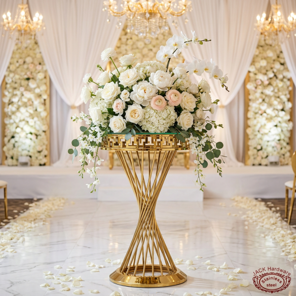 Gold spiral twisted column cocktail stand with white roses dome spiral column fretwork rim chandeliers