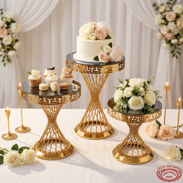 Gold twisted spiral base cake stands at hotel wedding reception fretwork rim dark mirror tops 45 degree