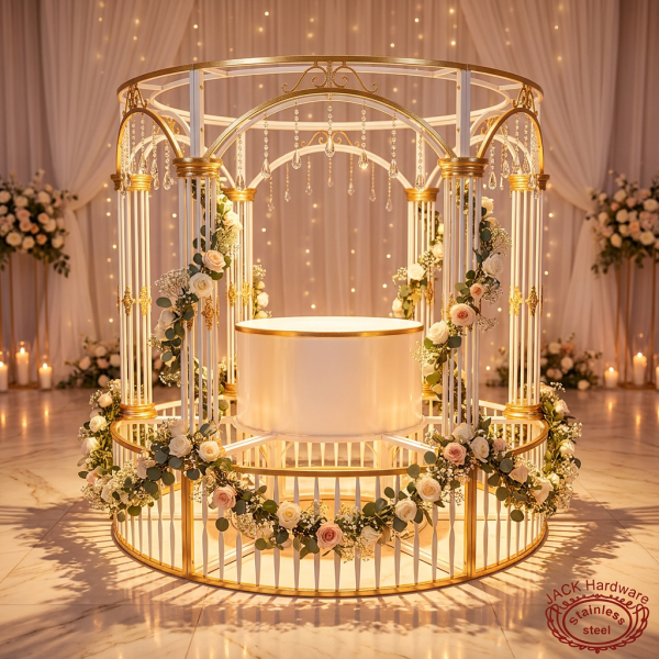 White gold castle gazebo dessert pavilion side view wedding venue romantic uplighting crystal sparkle