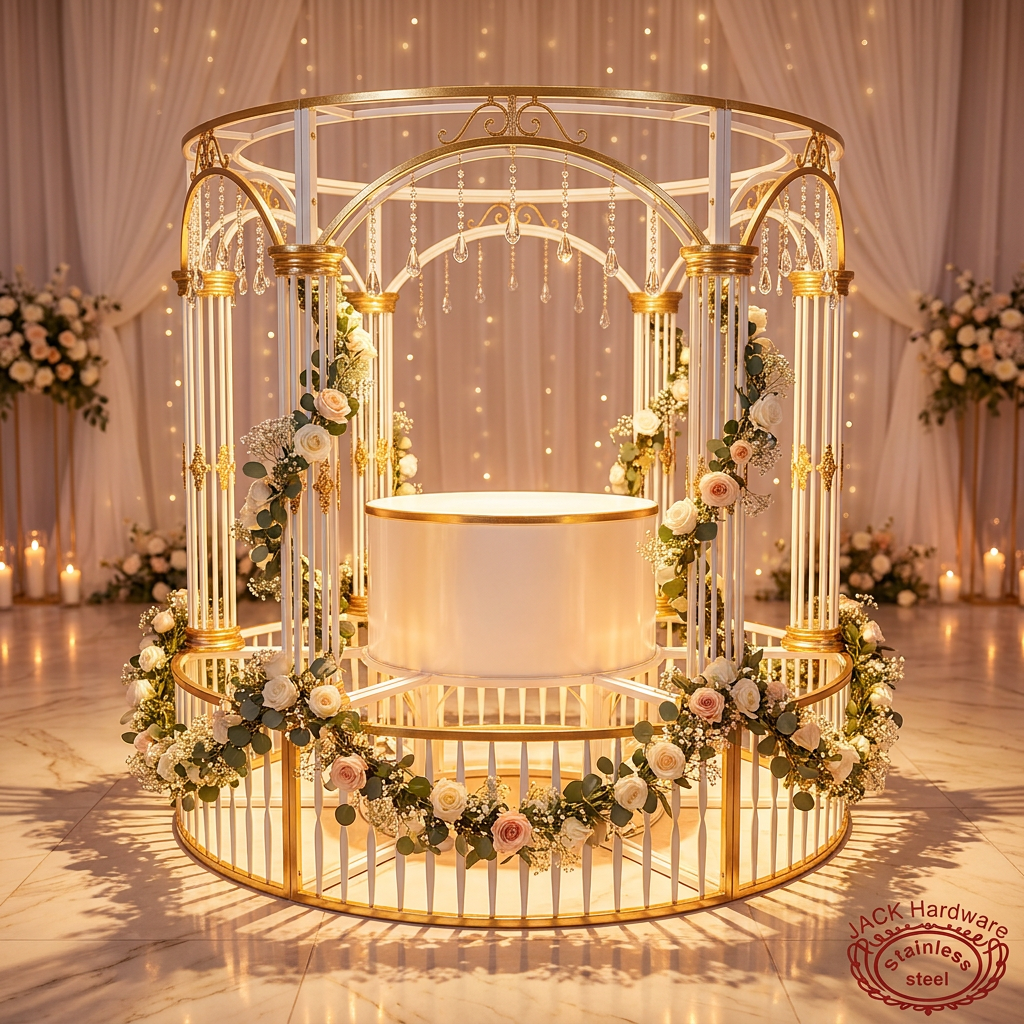White gold castle gazebo dessert pavilion side view wedding venue romantic uplighting crystal sparkle