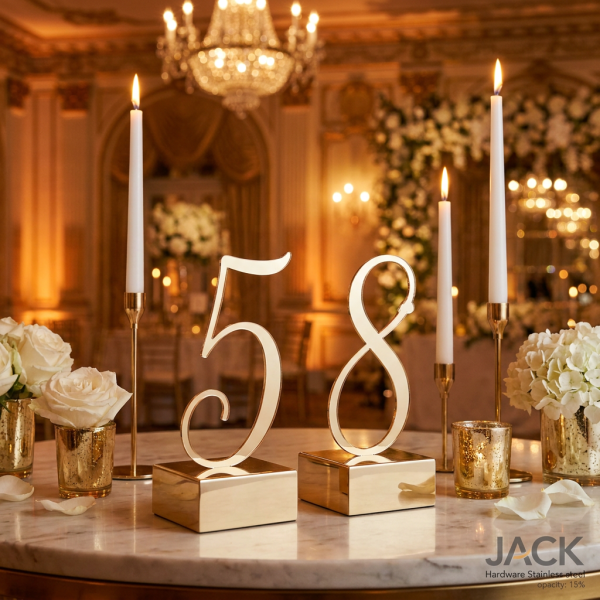 Gold calligraphy number standees side view grand ballroom candles florals warm ambient lighting