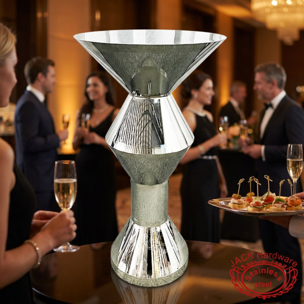 Silver multi-facet bar table at upscale hotel cocktail reception guests champagne glasses