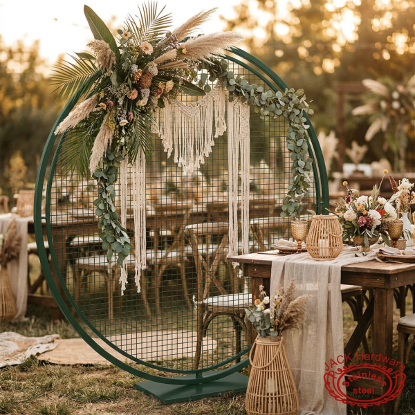 Dark green circle moon gate at outdoor bohemian wedding pampas grass wildflowers macrame