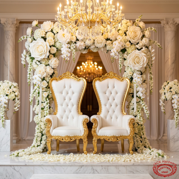 White gold Baroque throne chairs at grand wedding ceremony royal bride groom seats florals chandeliers