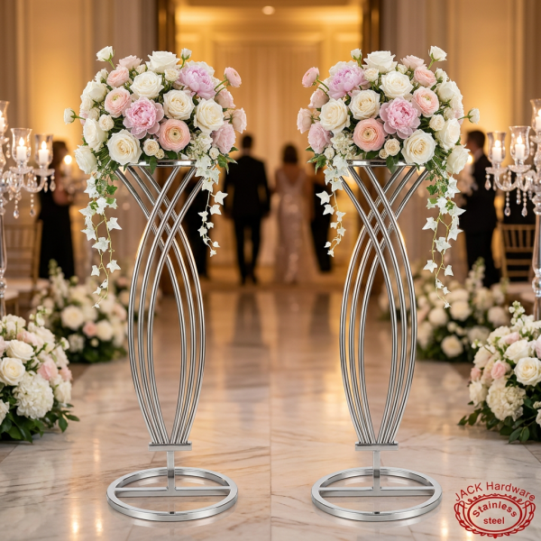 Silver spindle flower stands as hotel ballroom wedding entrance pathway markers 45 degree