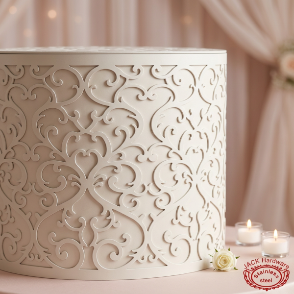 White baroque carved cylinder side view close-up wedding venue candlelight shadow pattern