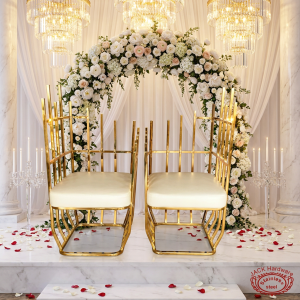 Gold tube throne chair pair at grand wedding venue bride groom seats white florals chandeliers