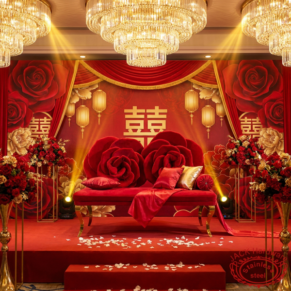 Red rose sculptural sofa at Chinese red wedding ceremony gold backdrop chandeliers main seat