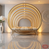 Concentric ring sofa side view luxury event space Saturn arc silhouette warm golden light