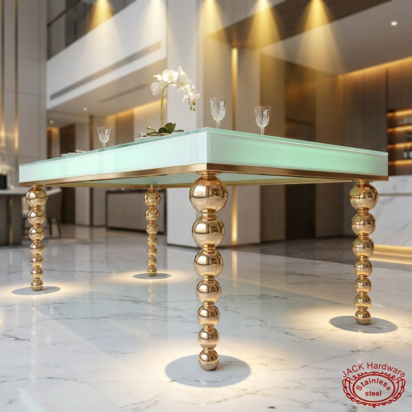 Gold ball-bead column legs dining table side view hotel restaurant spherical shadows marble floor