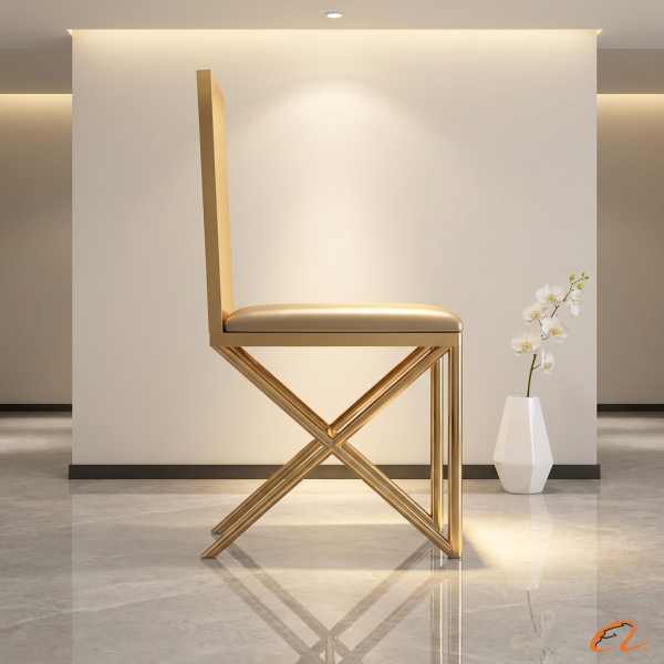 Square-back X-brace minimal chair side view contemporary luxury clean silhouette warm light