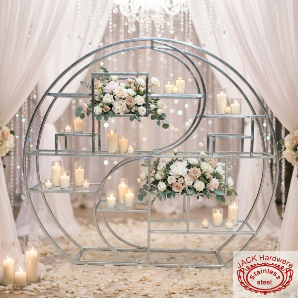 Silver moon gate double ring rack at wedding ceremony space florals candles crystal bokeh
