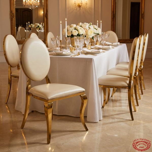 Gold oval soft backrest dining chair wedding reception 45 degree cream leather cabriole legs