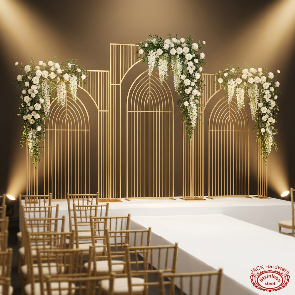 Gold arch grid backdrop at wedding stage white gold ceremony white roses aisle