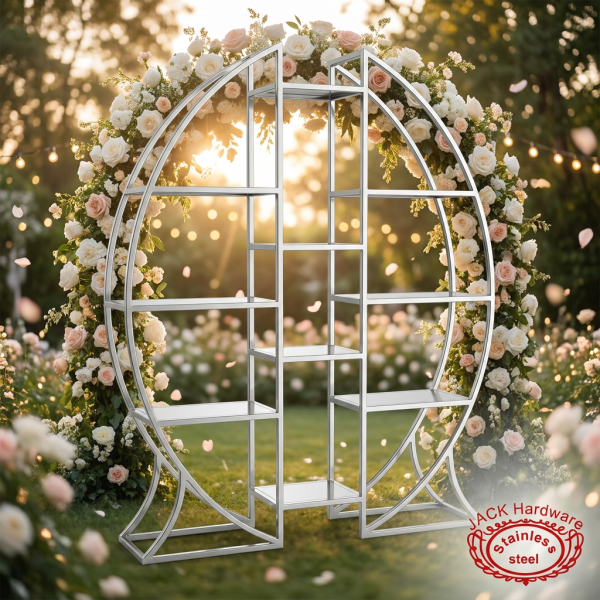 Silver circle frame rack at romantic outdoor garden wedding floral arch golden hour bokeh