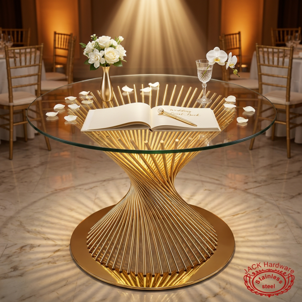 Gold fountain tube base table at hotel signing station guest book florals 45 degree fan base