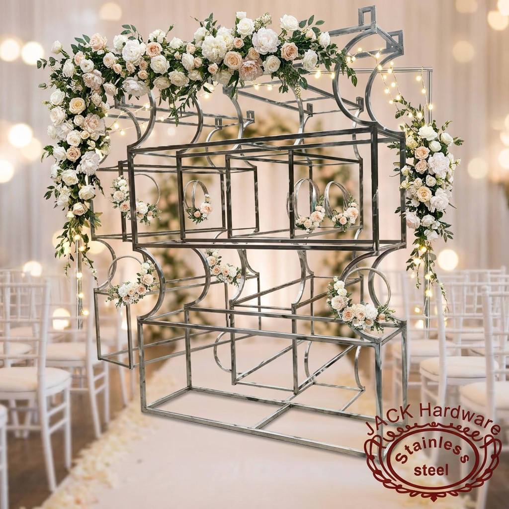 Silver arch circle ring backdrop at wedding ceremony white blush florals fairy lights aisle