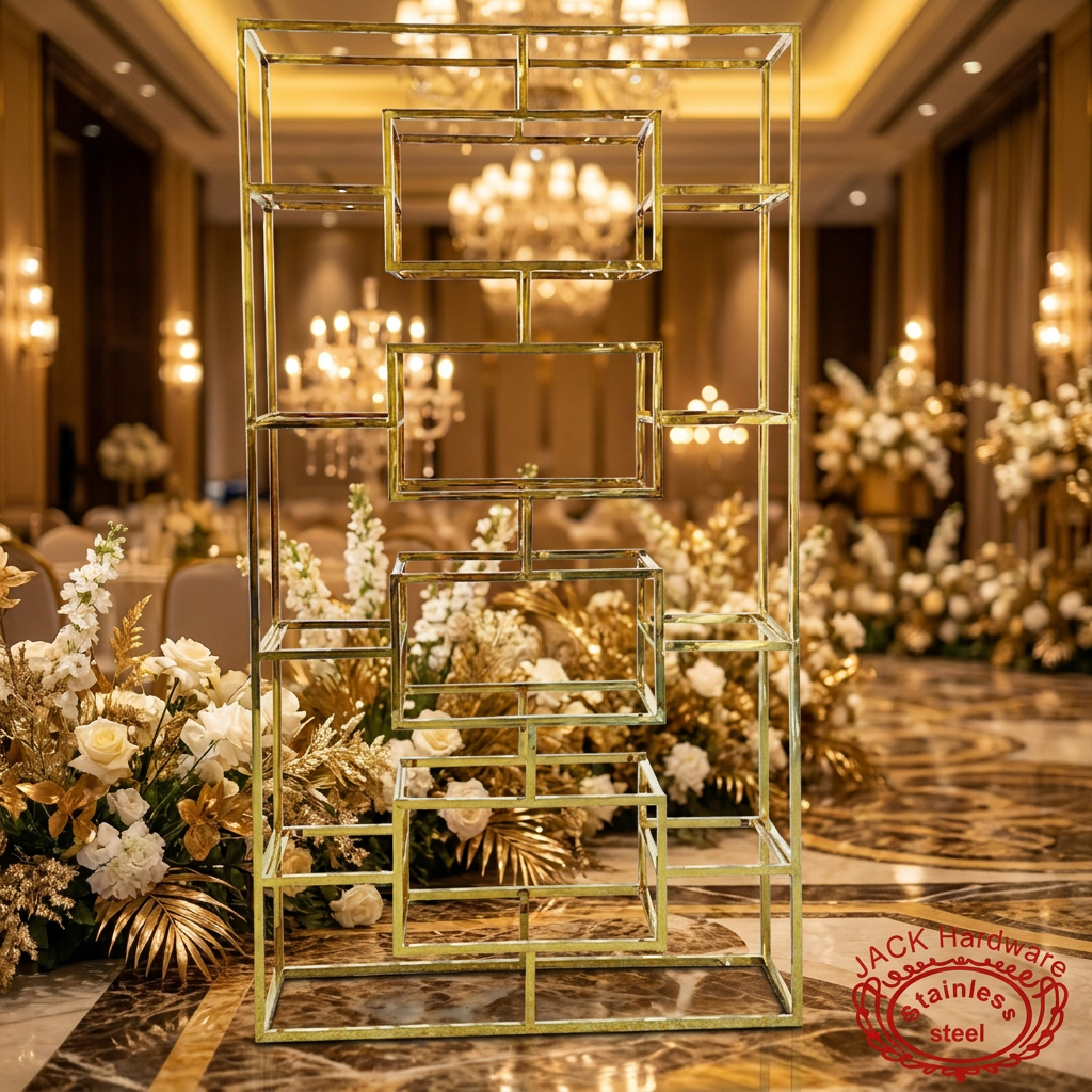 Gold tetris display stand at luxury hotel event space golden ambient lighting florals