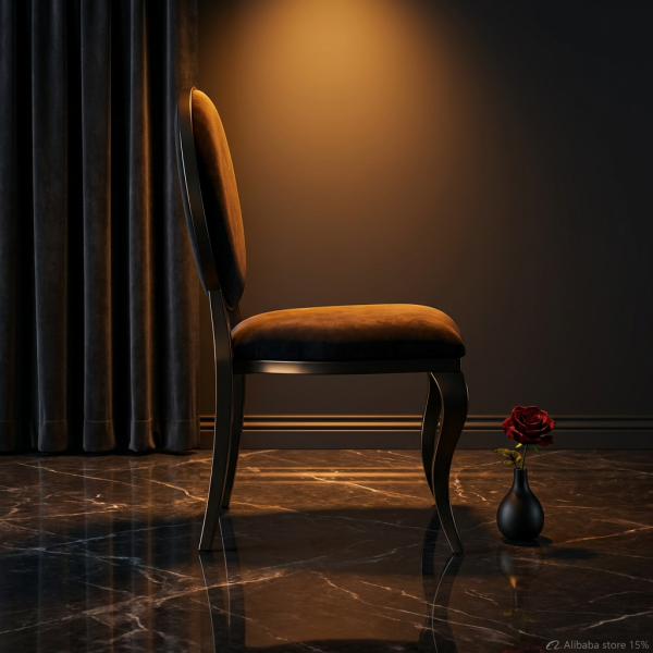 All-black oval cabriole chair side view dark luxury interior dramatic silhouette warm amber light