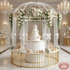 White gold castle pavilion dessert station at grand wedding tiered cake macarons crystal chandeliers