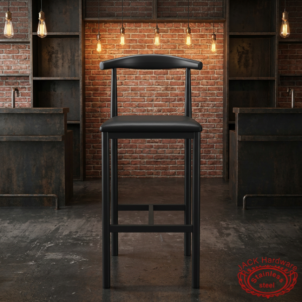 Matte black industrial bar stool at hotel bar exposed brick Edison bulb lighting
