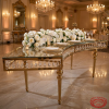 Gold crescent crystal pendant spindle legs at hotel ballroom formal wedding banquet glittering 45 degree