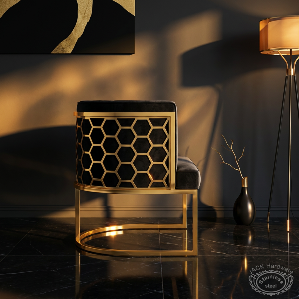 Black gold honeycomb barrel chair side view modern luxury interior honeycomb shadow warm light