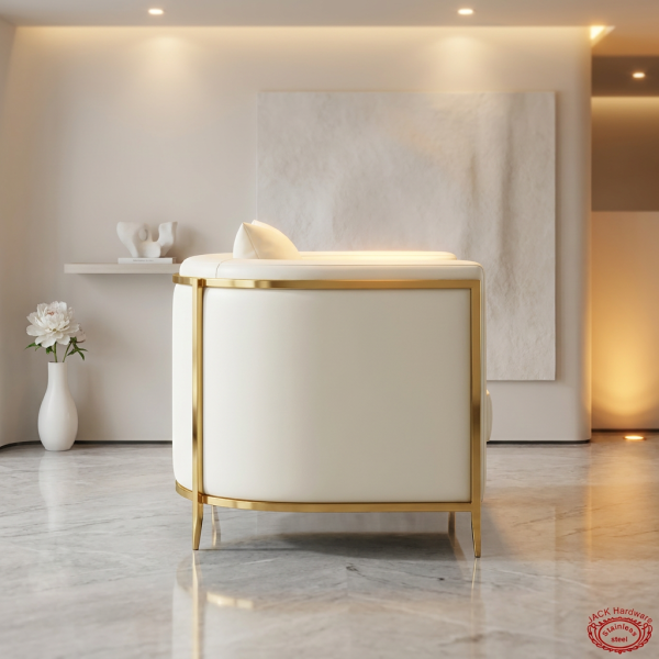 Ivory white barrel chair side view modern luxury interior rounded arc silhouette warm ambient