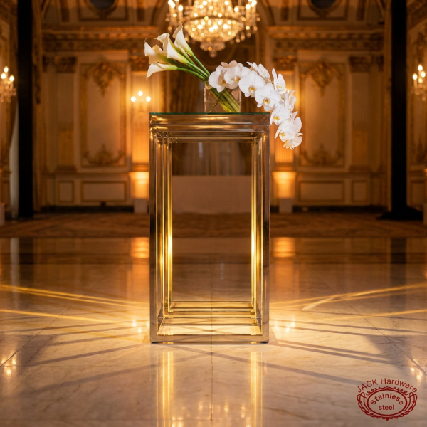 Silver square column frame side view ballroom warm uplighting clean geometry marble shadow