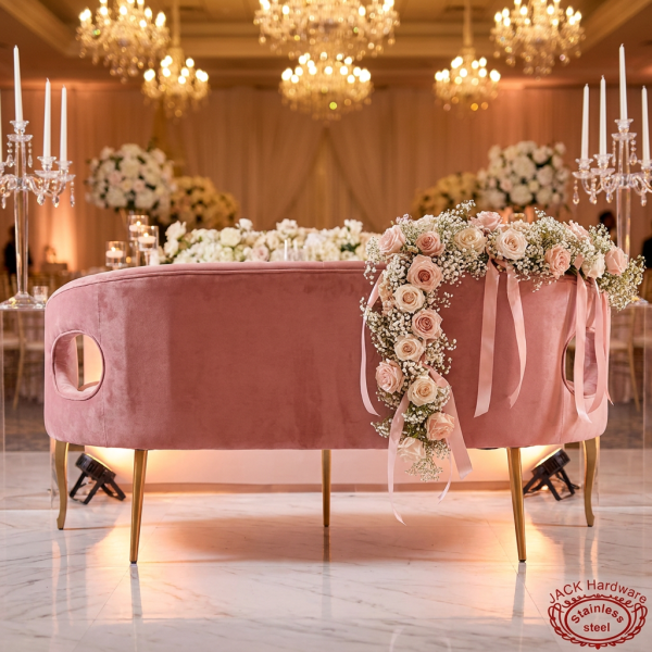Rose pink curved loveseat side view wedding hall rose-gold reflection romantic atmosphere