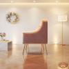 Pink box settee side view wedding lounge warm ambient flared armrest silhouette gold edge