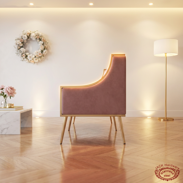 Pink box settee side view wedding lounge warm ambient flared armrest silhouette gold edge