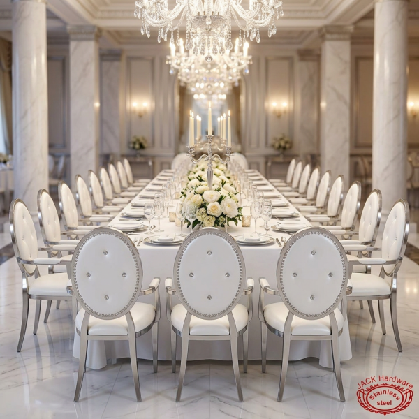 Silver stud-rim oval armchairs at grand hotel banquet dinner table crystal chandeliers marble