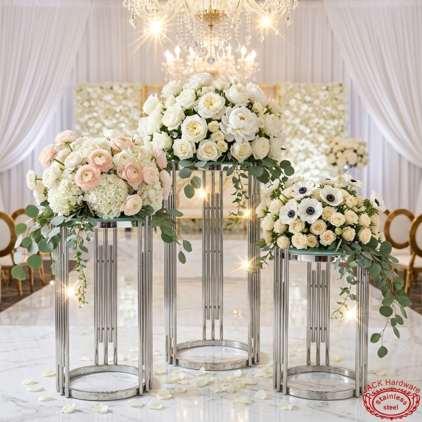Silver radial spoke 3-piece stands wedding floral display roses frosted tops chandeliers