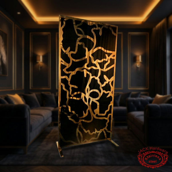 Black gold screen at hotel VIP lounge restaurant private room moody amber low lighting dark velvet