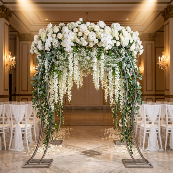 Silver round arch at hotel grand ballroom wedding cascading white florals greenery 45 degree