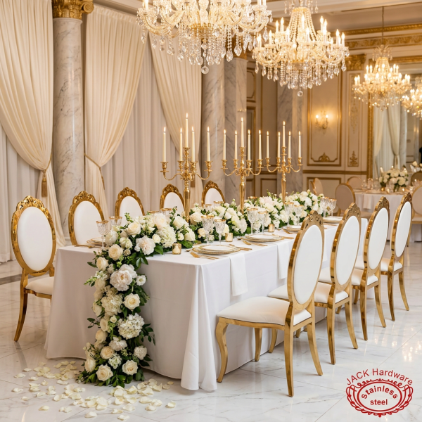 Gold floral crown high-back chairs at elegant wedding banquet hall table chandeliers ornate frame