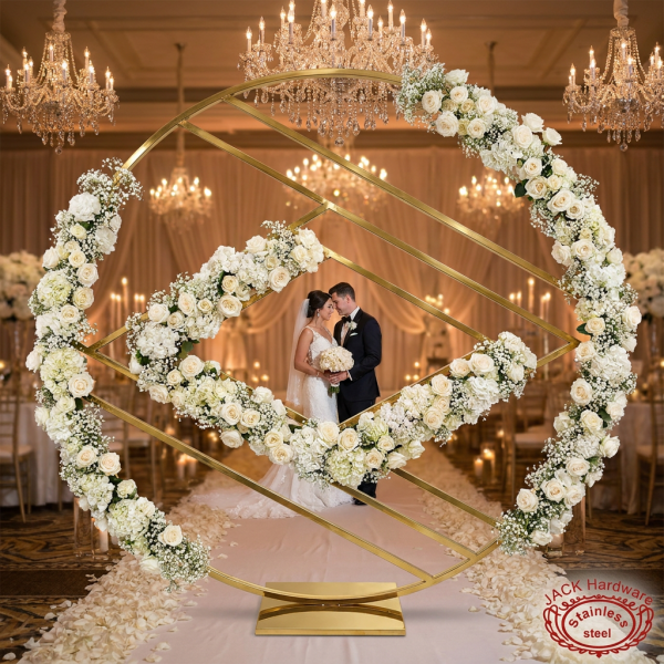 Gold diamond lattice circle arch at luxury wedding ceremony white roses woven through lattice chandeliers