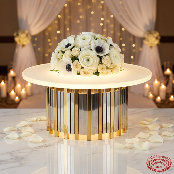 Silver gold tube cylinder stand side view wedding venue frosted glass flowers candles romantic