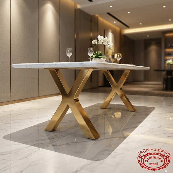Gold A-leg splayed table side view modern hotel restaurant marble floor white Carrara minimal