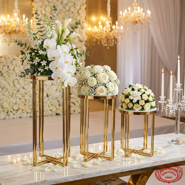 Gold round pedestal stands at hotel wedding reception cross-fretwork base florals 45 degree