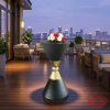Dark hourglass cocktail stand at hotel rooftop terrace evening city skyline purple dusk