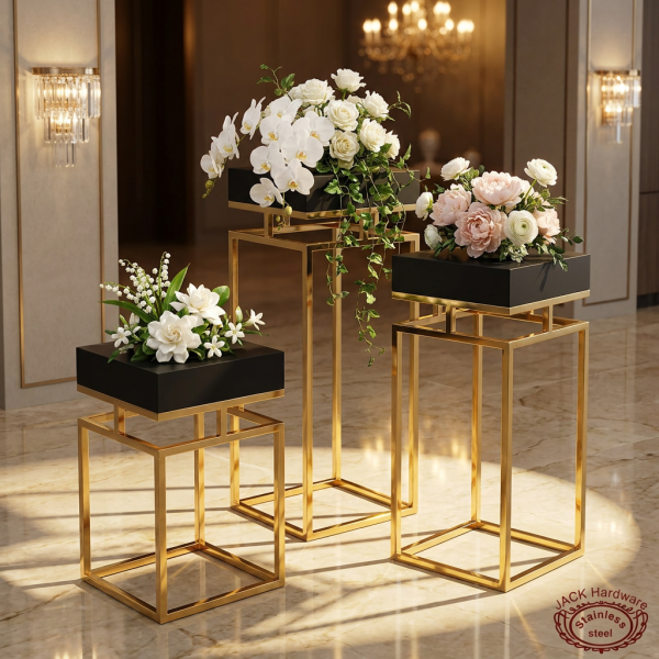 Gold frame black top square stands hotel wedding 45 degree grid pattern contrast warm spotlights