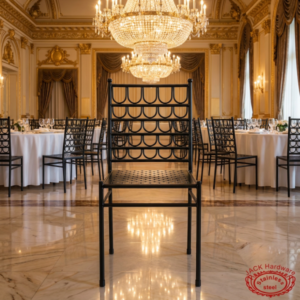 Black U-arch banquet chairs at grand luxury hotel ballroom crystal chandeliers marble floors