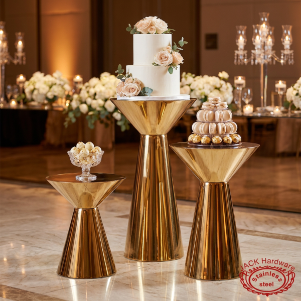Gold hourglass double-cone stands at hotel wedding reception 45 degree mirror reflection